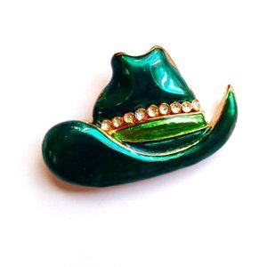 Vintage Cowgirl Green Hat Brooch Pin Bezel Clear Rhinestone Glitter 2"